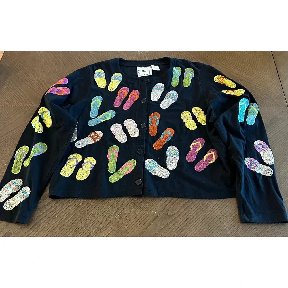 Michael Simon Lite Black Cotton Cardigan Flip Flop Sandal Embroidered Sweater M